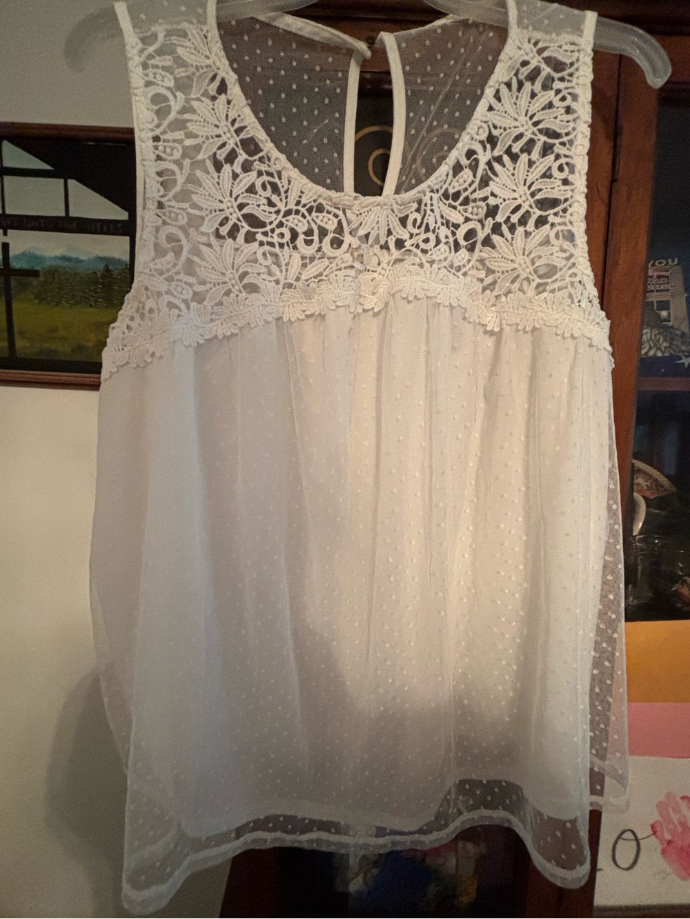 Maurices White Lace Yoke Swiss Dot sleeveless blouse